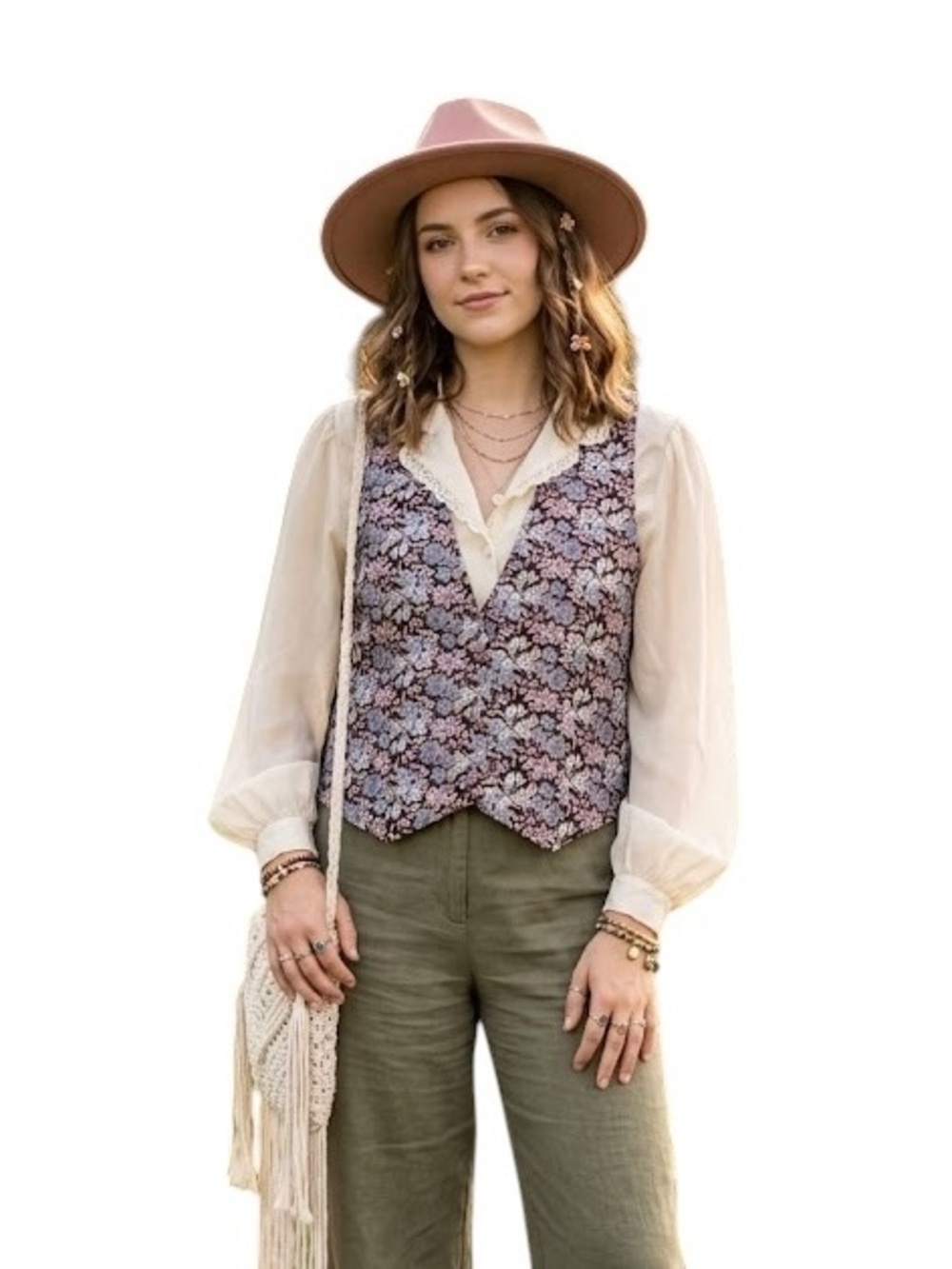 Vintage Floral Faux Brocade Patterned Vest - Picture 2 of 7
